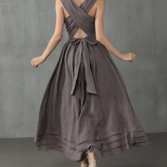 cross back linen dress maxi dress gray apron dress